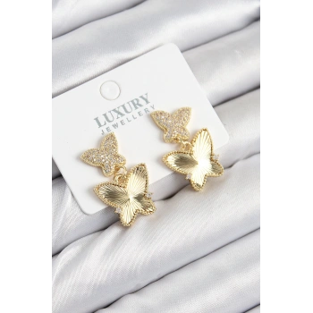 HEYF Pirinç Zirkon Taşlı Kelebek Model Gold Renk Kadın Küpe