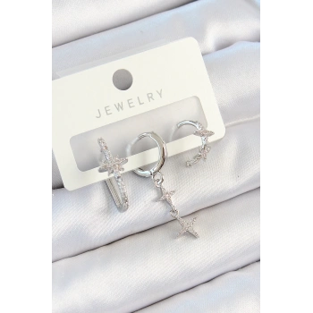 HEYF Pirinç Zirkon Taşlı Kelebek Ve Sallantılı Yıldız Model Gümüş Renk 3lü Çift Kadın Küpe Set