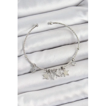 HEYF Pirinç Zirkon Taşlı Kelebek Ve Yıldız Model Gümüş Renk Charm Bileklik