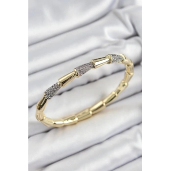 HEYF Pirinç Zirkon Taşlı Kemik Model Gold Renk Vip Kadın Bileklik