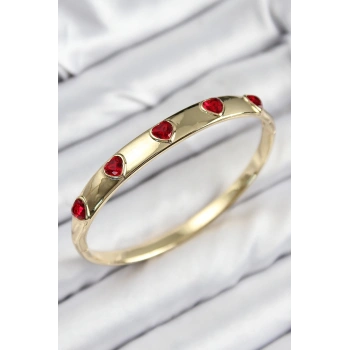 HEYF Pirinç Zirkon Taşlı Kırmızı Kalp Model Gold Renk Kadın Kelepçe