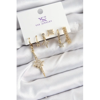 HEYF Pirinç Zİrkon Taşlı Kutup Yıldızı Model Gold Renk 3lü Çift Kadın Küpe