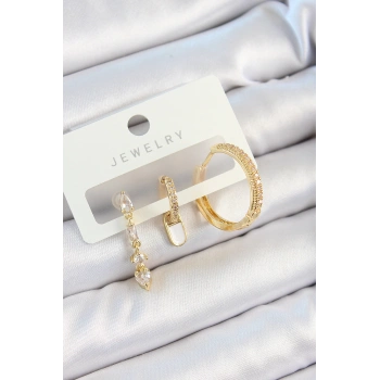HEYF Pirinç Zirkon Taşlı Sallantılı Model Gold Renk 3lü Çift Kadın Küpe Set