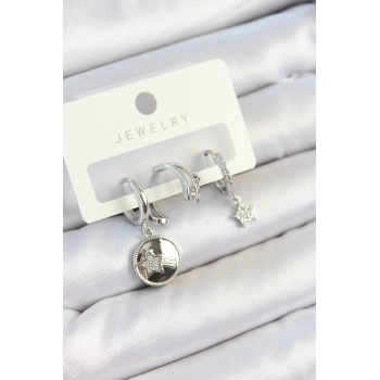 HEYF Pirinç Zirkon Taşlı Sallantılı Yıldız Model Gümüş Renk 3lü Çift Kadın Küpe Set