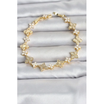 HEYF Pirinç Zirkon Taşlı ve Mineli Yonca Model Gold Renk Kadın Bileklik