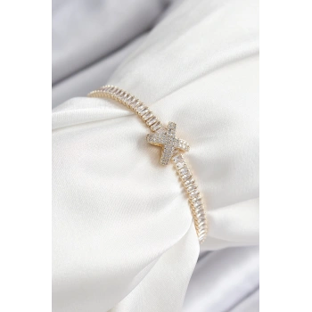 HEYF Pirinç Zirkon Taşlı X Detaylı Su Yolu Model Gold Renk Asansörlü Kadın Bileklik