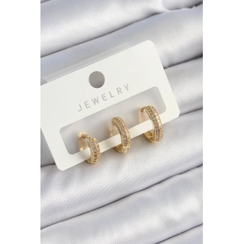 HEYF Pirinç Zirkon Taşlı Yıldız Model Gold Renk 3lü Çift Kadın Küpe Set
