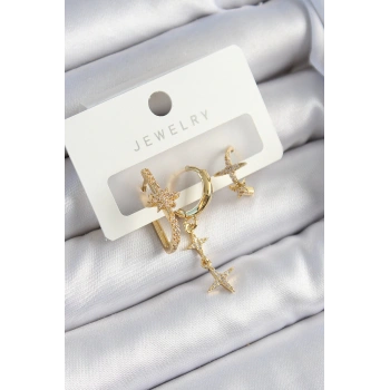 HEYF Pirinç Zirkon Taşlı Yıldız Model Gold Renk 3lü Çift Kadın Küpe Set