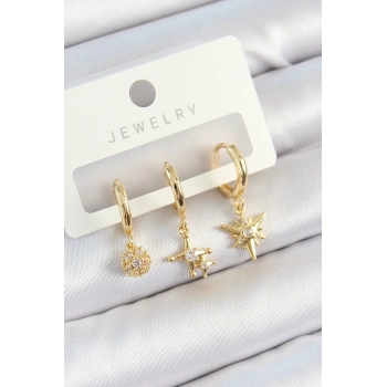 HEYF Pirinç Zirkon Taşlı Yıldız Model Gold Renk 3lü Çift Kadın Küpe Set