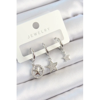 HEYF Pirinç Zirkon Taşlı Yıldız Model Gümüş Renk 3lü Çift Kadın Küpe Set