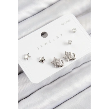 HEYF Pirinç Zirkon Taşlı Yıldız Model Gümüş Renk 925 Ayar Gümüş Çivi Kadın Küpe Set