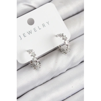 HEYF Pirinç Zirkon Taşlı Yıldız Model Gümüş Renk Kadın Küpe