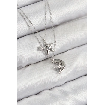 HEYF Pirinç Zirkon Taşlı Yıldız Ve Ay Model Gümüş Renk Kadın Kolye