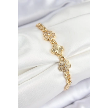 HEYF Pirinç Zirkon Taşlı Yonca Model Gold Renk Kadın Bileklik