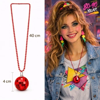 HEYF Retro Disko Topu Şekilli 8039ler 9039lar Kırmızı Renk Plastik Kolye