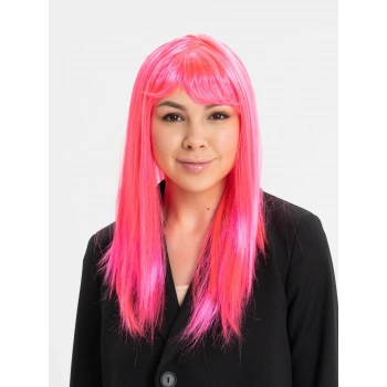 HEYF Şeker Pembesi Koyu Pembe Renk Uzun Düz Parti Peruğu