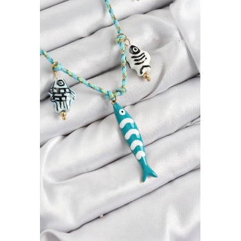 HEYF Seramik Motifli Balık Figürlü Model Mavi İp Kadın Kolye