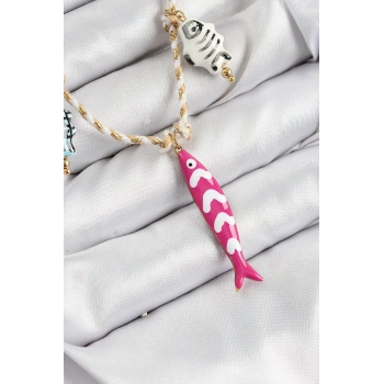 HEYF Seramik Motifli Pembe Balık Figürlü Model Krem İp Kadın Kolye