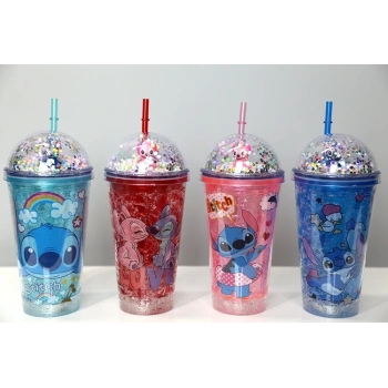 HEYF Sevimli Stitch Işıklı Pipetli Pullu Suluk & Bardak 400 Ml Alk3146