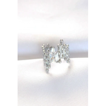 HEYF Silver Renk Tırtıklı Kalın Baget Taş Tasarım Ayarlanabilir Yüzük