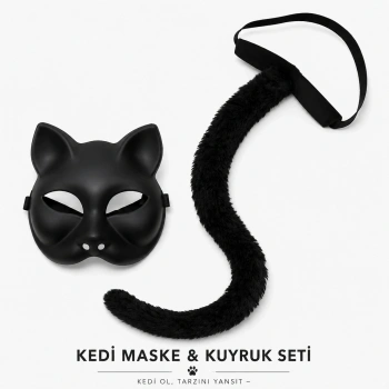 HEYF Siyah Kedi Maskesi Ve Peluş Kuyruk Kostüm Seti 70 Cm