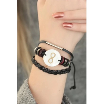 HEYF Siyah Renkli Sonsuzluk Tasarım Çoklu Deri Bayan Bileklik