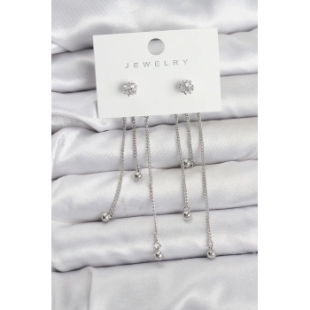 HEYF Topçuk Model Gümüş Renk Pirinç Sallantılı Kadın Küpe Seti