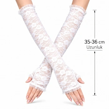 HEYF Uzun Zarif Dantel Eldiven Parmaksız Beyaz 35 Cm