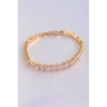 HEYF Vip Seri Pirinç Pembe Zirkon Taşlı Gold Renk Baget Model Bileklik