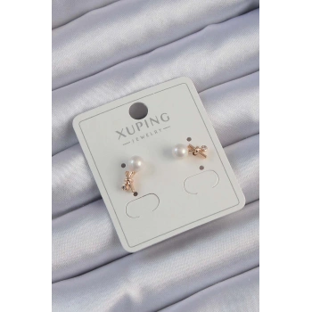 HEYF Xuping Rose Renk Zirkon Taşlı İncili Minimal Fiyonk Küpe