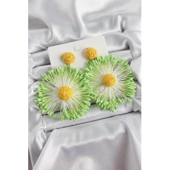 HEYF Yeşil Püsküllü Papatya Figürlü Hasır Örgü Model Gold Renk Kadın Küpe