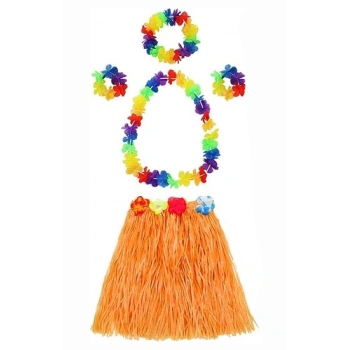 HEYF Yetişkin Ve Çocuk Uyumlu Luau Aloha Hawaii Turuncu Etek Ve Renkli Kolye Taç 2 Adet Bileklik Seti