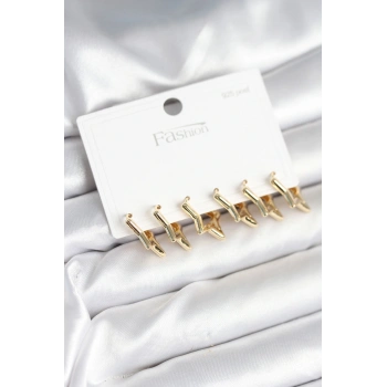 HEYF Yıldız Model Gold Renk 925 Ayar Gümüş Çivili Kadın Küpe Seti