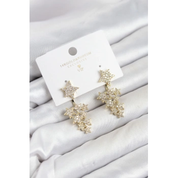HEYF Yıldız Model Gold Renk Zirkon Taşlı Küpe