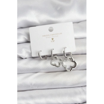 HEYF Yonca Model Gümüş Renk Pirinç 3lü Kadın Küpe Seti