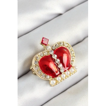 HEYF Zirkon Taşlı İnci Detaylı Kırmızı 3D Kraliçe Taç Figürlü Gold Renk Kadın Broş