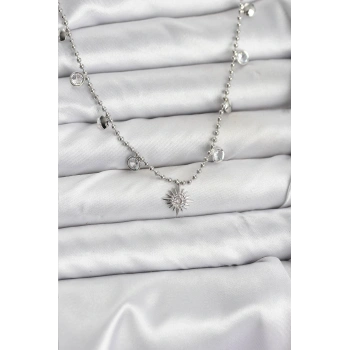 HEYF Zirkon Taşlı Kutup Yıldızı Model Pirinç Gümüş Renk Kadın Kolye