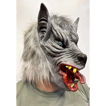 HEYF Kafaya Tam Geçmeli Lateks Dil Çıkaran Mavi Gözlü Kurt Maskesi