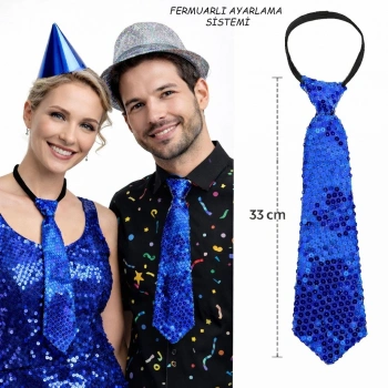 Mavi Renk Pul Payetli Işıltılı Parti Kravatı 33 Cm