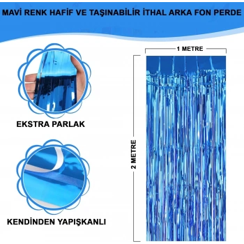 HEYF Mavi Renk Ekstra Metalize Parlak Saçaklı Arka Fon Perde İthal A Kalite 1x2 Metre