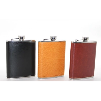 HEYF Paslanmaz Çelik Tekli 8 Oz Derili Matara  Alk2661