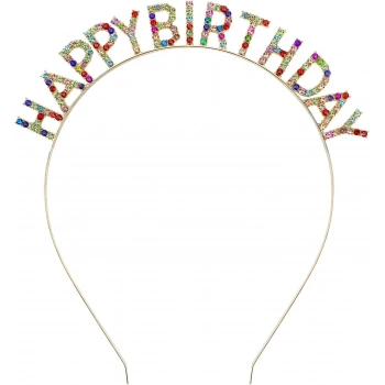 HEYF Rengarenk Kristal Taşlı Ekstra Lüks Gümüş Kaplama Happy Birthday Taç 16x17 Cm