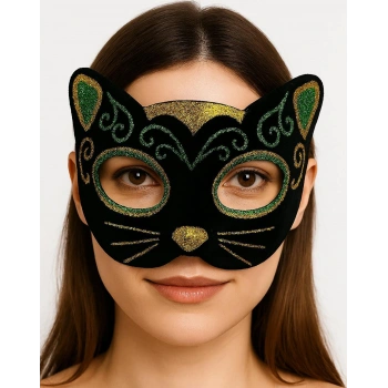 Siyah Kadife Kaplama Üzeri Sarı Yeşil Sim İşlemeli Kedi Maskesi 20x13 Cm
