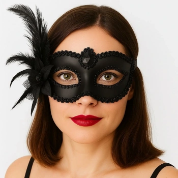 Siyah Mat Renk Yandan Tüylü Güllü Parti Balo Venedik Maskesi 16x22