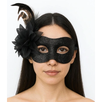Siyah Renk Metalize Sim Görünümlü Parlak Tüylü Parti Maskesi 22x19 Cm