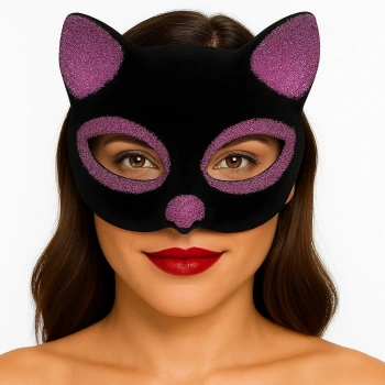 Siyah Renk Pembe Simli Süet Kaplama Kedi Maskesi 18x14 Cm