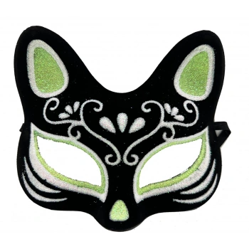 HEYF Siyah Renk Süet Kaplama Üzeri Gümüş Yeşil Simli Kedi Maskesi 17x14 Cm