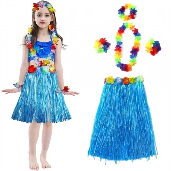 Yetişkin Ve Çocuk Uyumlu Hawaii Luau Aloha Mavi Püsküllü Etek Kolye Taç Ve 2 Adet Bileklik Seti
