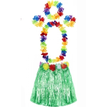 HEYF Yetişkin Ve Çocuk Uyumlu Luau Aloha Hawaii Yeşil Etek Ve Renkli Kolye Taç 2 Adet Bileklik Seti