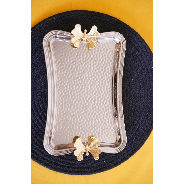 heyf Cooker Dikdörtgen Dövme Desenli Kelebekli Kulplu Metal Tepsi 25x17 cm